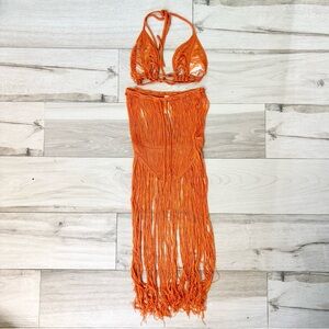 NWT Orange Fringe Bikini Swim Coverup 2pc Skirt Set